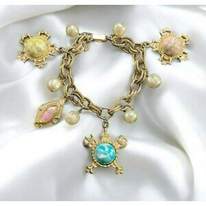 VTG Grecian Gold Tone Charm Bracelet Faux Pearls Colorful Cabochons Art Deco